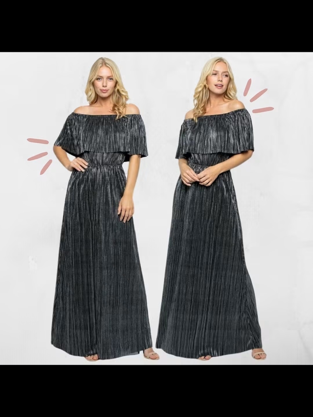 Off-Shoulder Pleated Maxi Dress in Silver/Black - Elegant Evening Gown L NWT